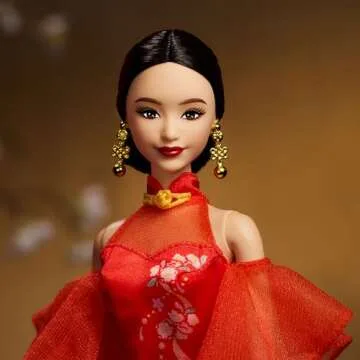 Barbie Lunar New Year Doll Wearing Qipao Dress with Plum Blossom Prints & Golden Accessories, Signature Collection