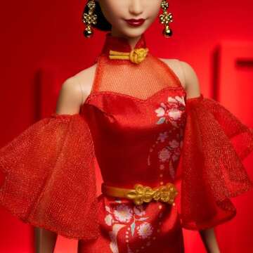 Barbie Lunar New Year Doll Wearing Qipao Dress with Plum Blossom Prints & Golden Accessories, Signature Collection