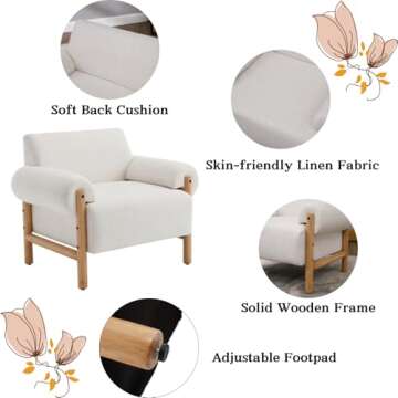 Ya-Home Mid-Century Accent Chair, Soft Armchair Linen Fabric Lounge Chair Upholstered Single Sofa Side Chair with Wooden Legs for Living Room Bedroom, 1PC, Beige