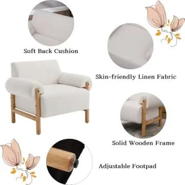 Ya-Home Mid-Century Accent Chair, Soft Armchair Linen Fabric Lounge Chair Upholstered Single Sofa Side Chair with Wooden Legs for Living Room Bedroom, 1PC, Beige