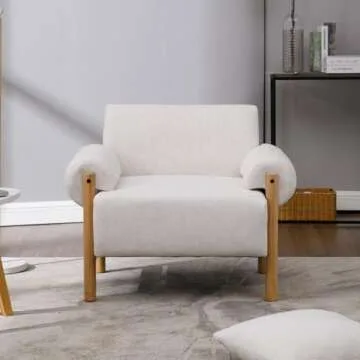 Ya-Home Mid-Century Accent Chair, Soft Armchair Linen Fabric Lounge Chair Upholstered Single Sofa Side Chair with Wooden Legs for Living Room Bedroom, 1PC, Beige
