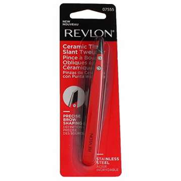 Revlon Ceramic Slanted Tip Tweezers, Precision For Eyebrow Shaping and Fine Hair Removal, Stainless Steel Body, Red, 1 Count