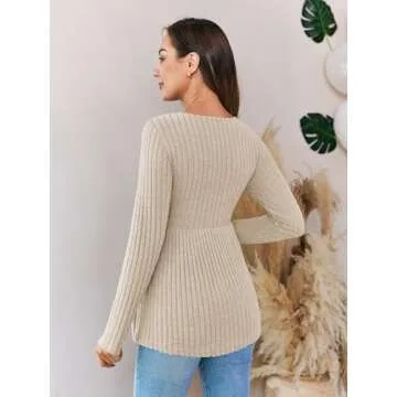 FMEYOA Women's Maternity Shirts Long Sleeve V Neck Button Nursing Maternity Clothes Casual Pregnancy Blouses Beige M