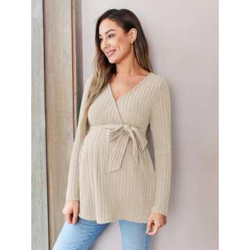 FMEYOA Women's Maternity Shirts Long Sleeve V Neck Button Nursing Maternity Clothes Casual Pregnancy Blouses Beige M