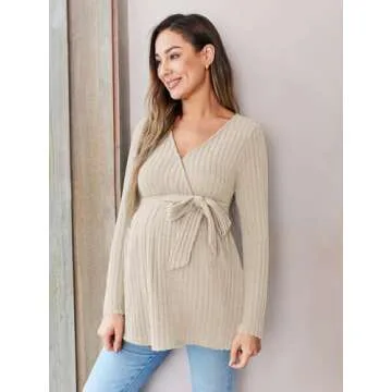 FMEYOA Women's Maternity Shirts Long Sleeve V Neck Button Nursing Maternity Clothes Casual Pregnancy Blouses Beige M