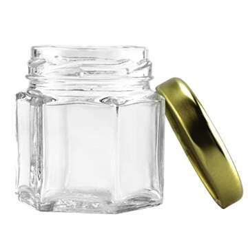 Cornucopia Brands Mini Hexagon Glass Jars (1.5oz, 48-Pack); Tiny Hex Jars w/Gold Lids for Spices, Gifts, Party Favors, DIY and More, 3-Tablespoon Capacity