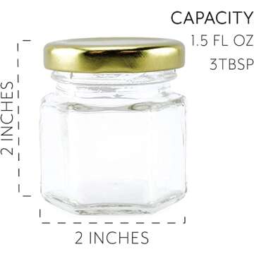 Cornucopia Brands Mini Hexagon Glass Jars (1.5oz, 48-Pack); Tiny Hex Jars w/Gold Lids for Spices, Gifts, Party Favors, DIY and More, 3-Tablespoon Capacity