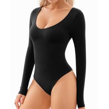 MANGOPOP Double Lined Bodysuit for Women Scoop Neck Long Sleeve Bodysuit Basic Shirts Tops