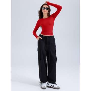 REORIA Long Sleeve Shirts for Women 2024 Fall Fashion Round Neck Basics Going Out Tops Layering Slim Fitted Top Red M