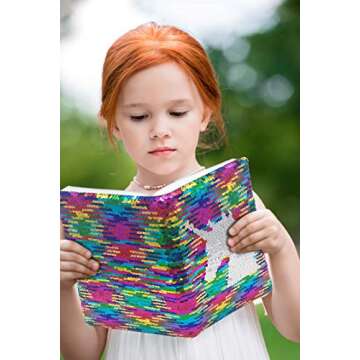 GINMLYDA Sequin Girls Journal for Kids, 8.5x5.5 Inches 160 Lined Pages Diary for Girls Unicorn Reversible Flip Sequence Notebook for Teenage Pre School Writing Drawing Travel Gifts(Rainbow-Sliver)