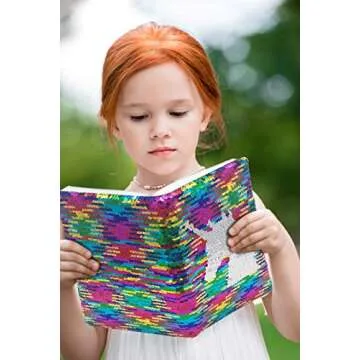 GINMLYDA Sequin Girls Journal for Kids, 8.5x5.5 Inches 160 Lined Pages Diary for Girls Unicorn Reversible Flip Sequence Notebook for Teenage Pre School Writing Drawing Travel Gifts(Rainbow-Sliver)