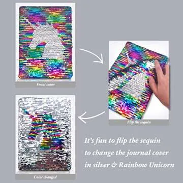 GINMLYDA Sequin Girls Journal for Kids, 8.5x5.5 Inches 160 Lined Pages Diary for Girls Unicorn Reversible Flip Sequence Notebook for Teenage Pre School Writing Drawing Travel Gifts(Rainbow-Sliver)