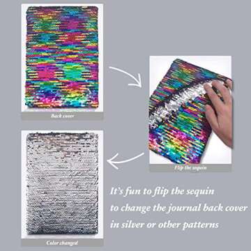 GINMLYDA Sequin Girls Journal for Kids, 8.5x5.5 Inches 160 Lined Pages Diary for Girls Unicorn Reversible Flip Sequence Notebook for Teenage Pre School Writing Drawing Travel Gifts(Rainbow-Sliver)