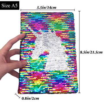 GINMLYDA Sequin Girls Journal for Kids, 8.5x5.5 Inches 160 Lined Pages Diary for Girls Unicorn Reversible Flip Sequence Notebook for Teenage Pre School Writing Drawing Travel Gifts(Rainbow-Sliver)