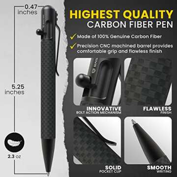 BASTION® Luxury Carbon Fiber Bolt Action Pen Durable Professional Ballpoint Pen for Travel, School and Work Birthday Gift Idea - Black Stainless Steel