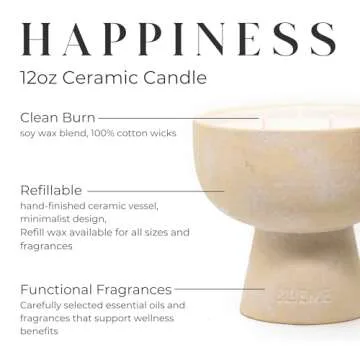 BLUEME Happiness-Yuzu & Ginger, 3 Wick, Refillable Wellness Candle, Contains Essential Oil, Sustainable, Hand Finished, Hand Poured, Premium, Luxury Ceramic, Natural Cotton Wick, Soy-Wax Blend