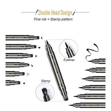 SUMEITANG 6 Pcs Double-headed Eyeliner Stamps Set Black Liquid Eye Liner Pen With Star,Moon,Heart,Flower,Smiley,Triangle Stamp Stencils Shapes for Women Makeup Kit Long-Lasting Waterproof Smudgeproof