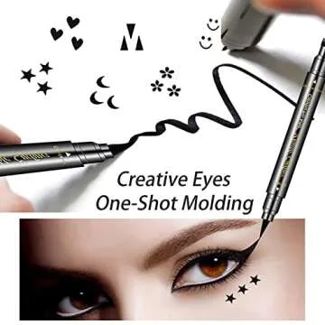SUMEITANG 6 Pcs Double-headed Eyeliner Stamps Set Black Liquid Eye Liner Pen With Star,Moon,Heart,Flower,Smiley,Triangle Stamp Stencils Shapes for Women Makeup Kit Long-Lasting Waterproof Smudgeproof