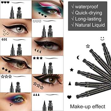 SUMEITANG 6 Pcs Double-headed Eyeliner Stamps Set Black Liquid Eye Liner Pen With Star,Moon,Heart,Flower,Smiley,Triangle Stamp Stencils Shapes for Women Makeup Kit Long-Lasting Waterproof Smudgeproof