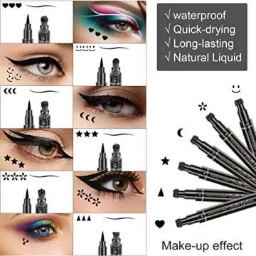SUMEITANG 6 Pcs Double-headed Eyeliner Stamps Set Black Liquid Eye Liner Pen With Star,Moon,Heart,Flower,Smiley,Triangle Stamp Stencils Shapes for Women Makeup Kit Long-Lasting Waterproof Smudgeproof