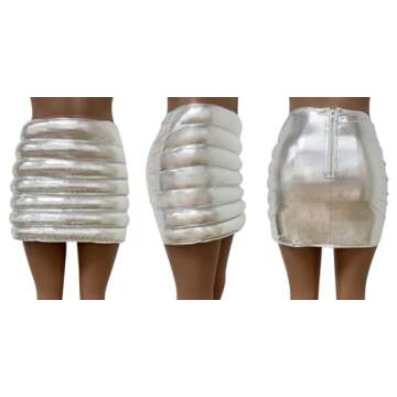 LROSEY Women Metallic Quilted Mini Skirt Silver Puffer Bubble Skirts Alien Costume for Winter