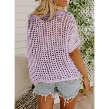 Dokotoo Womens Spring Summer Scoop Neck Short Sleeve Sweater Casual Crochet Hollow Out Knit Tops Wor...