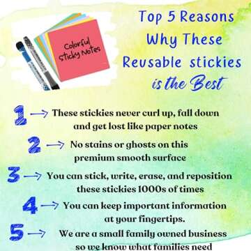 Reusable Dry Erase Sticky Notes - 6 Pack of 4 x4 Multicolor Adhesive Notes - Small Whiteboard Sticke...