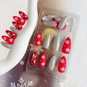 OHWODA Christmas Press On Nails – Festive Red Plaid & Snowflakes