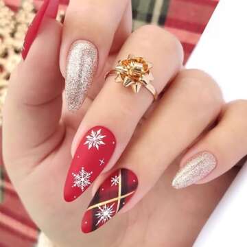 OHWODA Christmas Press On Nails Red Plaid Design for Women