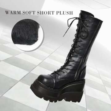 CELNEPHO Womens High Platform Mid Calf Wedges Chunky High Heel Round-Toe Side Zip Fanshion Combat Boots For Women