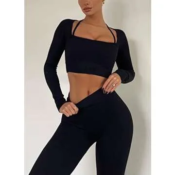 OLCHEE Womens Workout Sets 2 Piece - Seamless Gym Outfits Ribbed Leggings and Long Sleeve Crop Top Matching Yoga Clothes - Black Medium