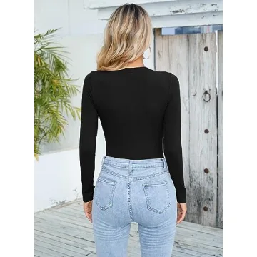 MISSJOY Black Bodysuit Women Sexy Ribbed Long Sleeve Tops