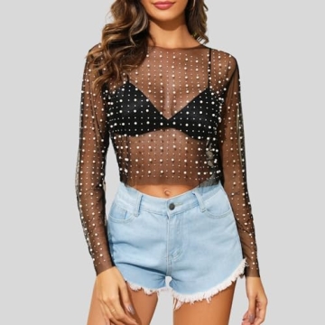 Naileksi Pearl Rhinestone Mesh Crop Top for Chic Outfits