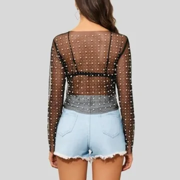 Naileksi Pearl Rhinestone Mesh Crop Top for Chic Outfits