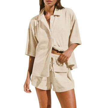 ARTFREE 2 Piece Pajama Sets for Women Summer Casual Lounge Short Sleeve Button Down Shirts and Short...