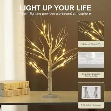 YEAHOME 2FT/24” Birch Tree Light with 24LT Warm White LEDs Battery Powered Timer for Christmas Decorations Indoor, Money Trees for Winter Wedding Desk Table Top Mantel Home Easter Decor
