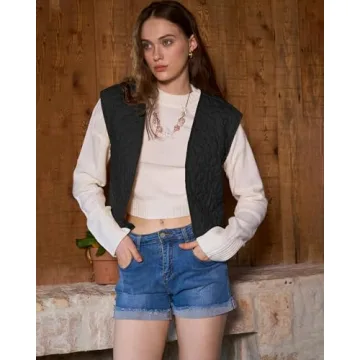 Locachy Women's Embroidered Floral Quilted Cardigan Vest Lightweight Open Front Sleeveless Padded Gilet Black M