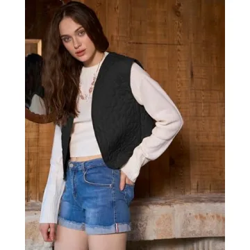 Locachy Women's Embroidered Floral Quilted Cardigan Vest Lightweight Open Front Sleeveless Padded Gilet Black M