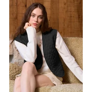 Locachy Women's Embroidered Floral Quilted Cardigan Vest Lightweight Open Front Sleeveless Padded Gilet Black M