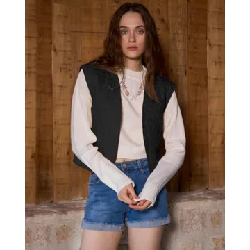 Locachy Women's Embroidered Floral Quilted Cardigan Vest Lightweight Open Front Sleeveless Padded Gilet Black M