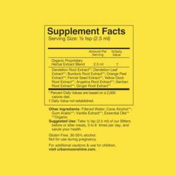 Urban Moonshine Original Bitters - Certified Organic - Bloating Relief - Supports Liver Function & Appetite Regulation* - Gentle Detox* - Digestive Bitters - Gluten Free Herbal Supplement - 8 Fl Oz