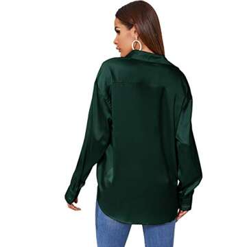 SOLY HUX Women's Satin Silk Long Sleeve Button Down Shirt Office Work Blouse Top Deep Green L