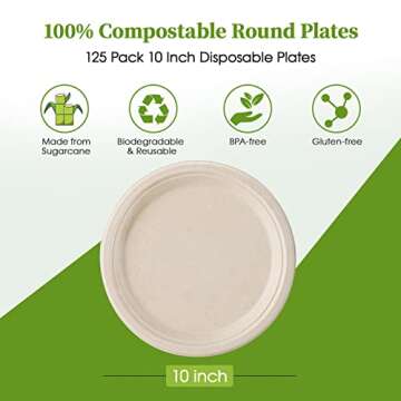ECOLipak 100% Compostable 10 Inch Paper Plates, 125 Pack Heavy Duty Disposable Biodegradable Eco-fri...