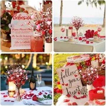 Valentines Day Decorations 4 Pcs Artificial Valentines Day Flowers Valentines Day Berry Picks with Red and Pink Heart Shaped for Valentine's Day Anniversary Wedding Ornaments