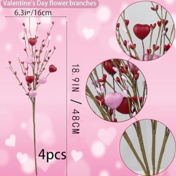 Valentines Day Decorations 4 Pcs Artificial Valentines Day Flowers Valentines Day Berry Picks with Red and Pink Heart Shaped for Valentine's Day Anniversary Wedding Ornaments