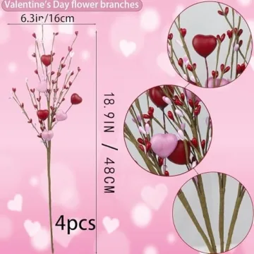 Valentines Day Decorations 4 Pcs Artificial Valentines Day Flowers Valentines Day Berry Picks with Red and Pink Heart Shaped for Valentine's Day Anniversary Wedding Ornaments
