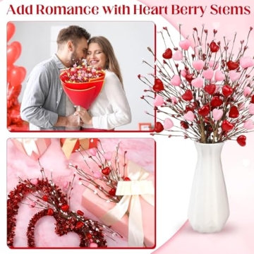 Valentines Day Decorations 4 Pcs Artificial Valentines Day Flowers Valentines Day Berry Picks with Red and Pink Heart Shaped for Valentine's Day Anniversary Wedding Ornaments