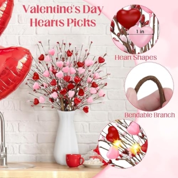 Valentines Day Decorations 4 Pcs Artificial Valentines Day Flowers Valentines Day Berry Picks with Red and Pink Heart Shaped for Valentine's Day Anniversary Wedding Ornaments