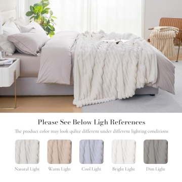 Amélie Home Faux Fur Throw Blanket for Couch, Rabbit Fur Warm Luxurious Soft Striped Cozy Fluffy Plush Gift Blankets for Family Sofa Chair Bed Living Room,Ivory,55 x 70 inch