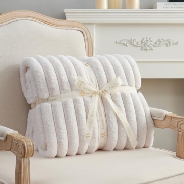 Amélie Home Faux Fur Throw Blanket for Couch, Rabbit Fur Warm Luxurious Soft Striped Cozy Fluffy Plush Gift Blankets for Family Sofa Chair Bed Living Room,Ivory,55 x 70 inch